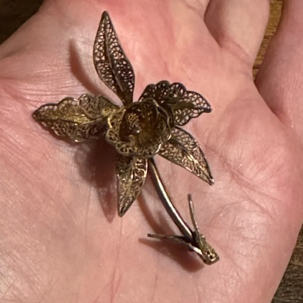 Vintage Gold Vermeil Silver Orchid Filigree Brooch